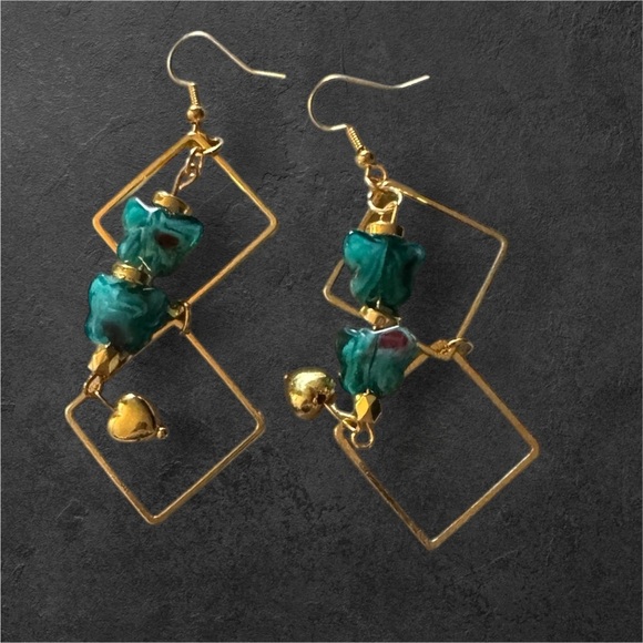 Jewelry - Gold and Green Geometric Earrings
